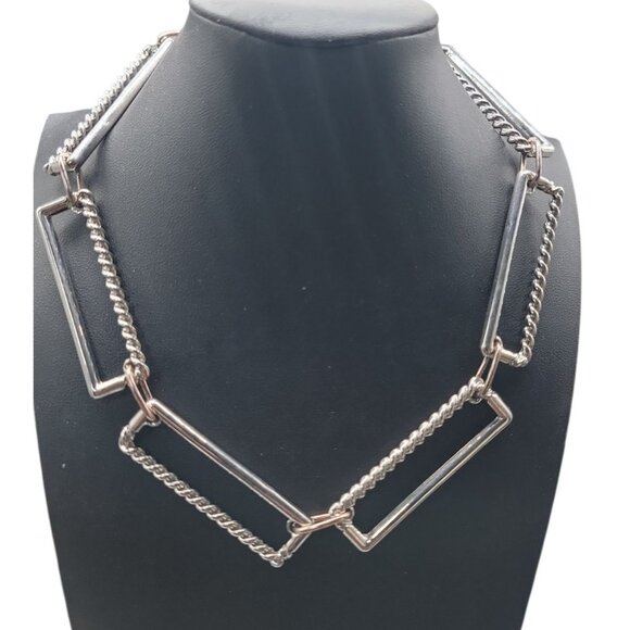 OE Large Regtangle Paper Link Statement Neckkace Silver Tone Toggle Close 17" - Picture 1 of 6